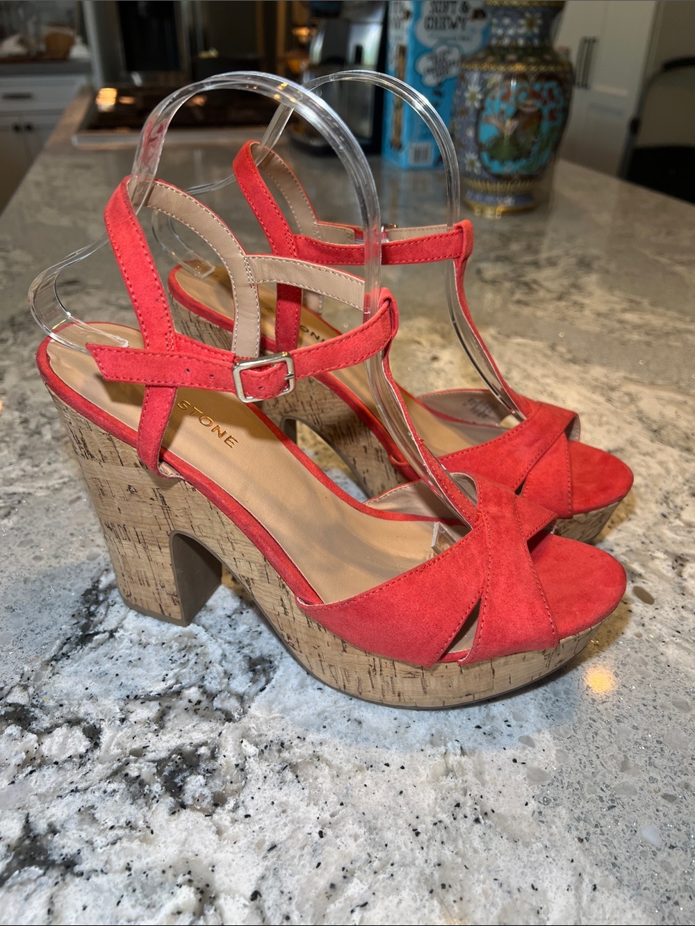SUN + STONE Jamie T-Strap Platform Sandals Red Coral Cork Block Heel Size 9.5